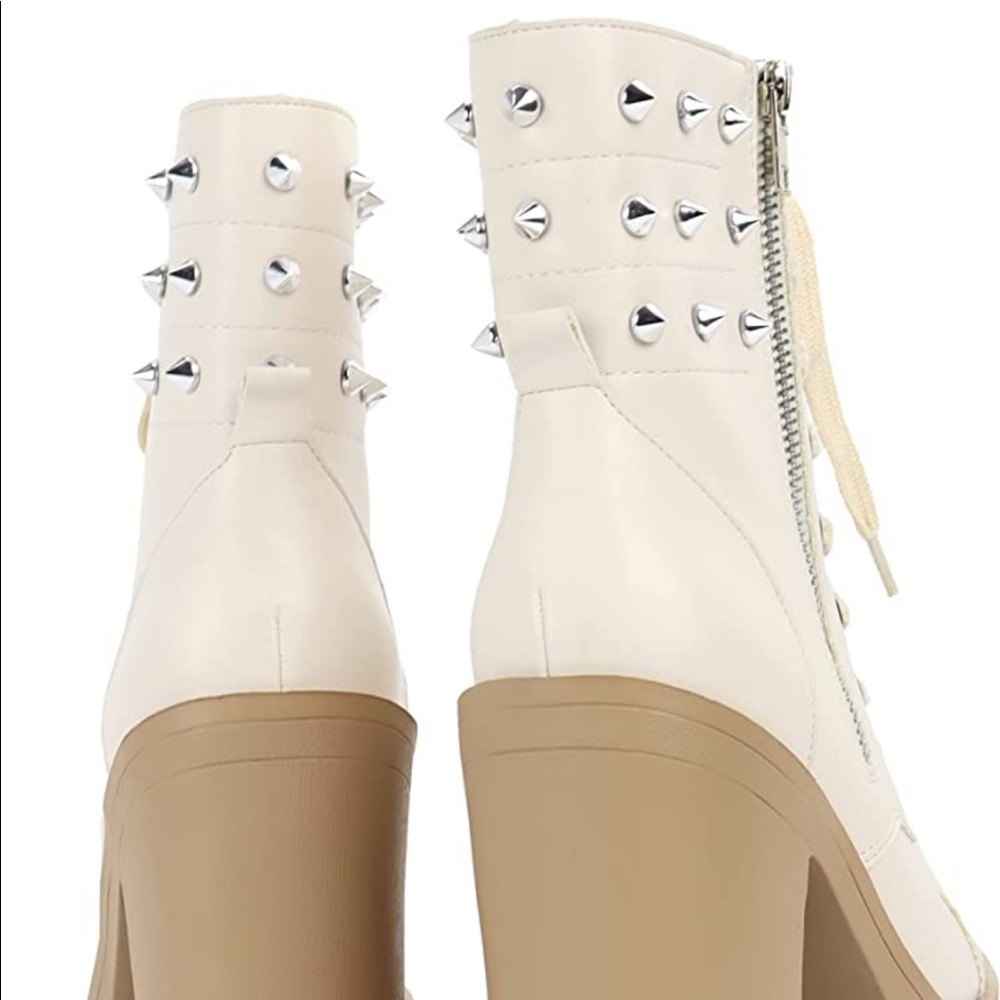 Beige studded heeled ankle boots - Picture 3 of 8